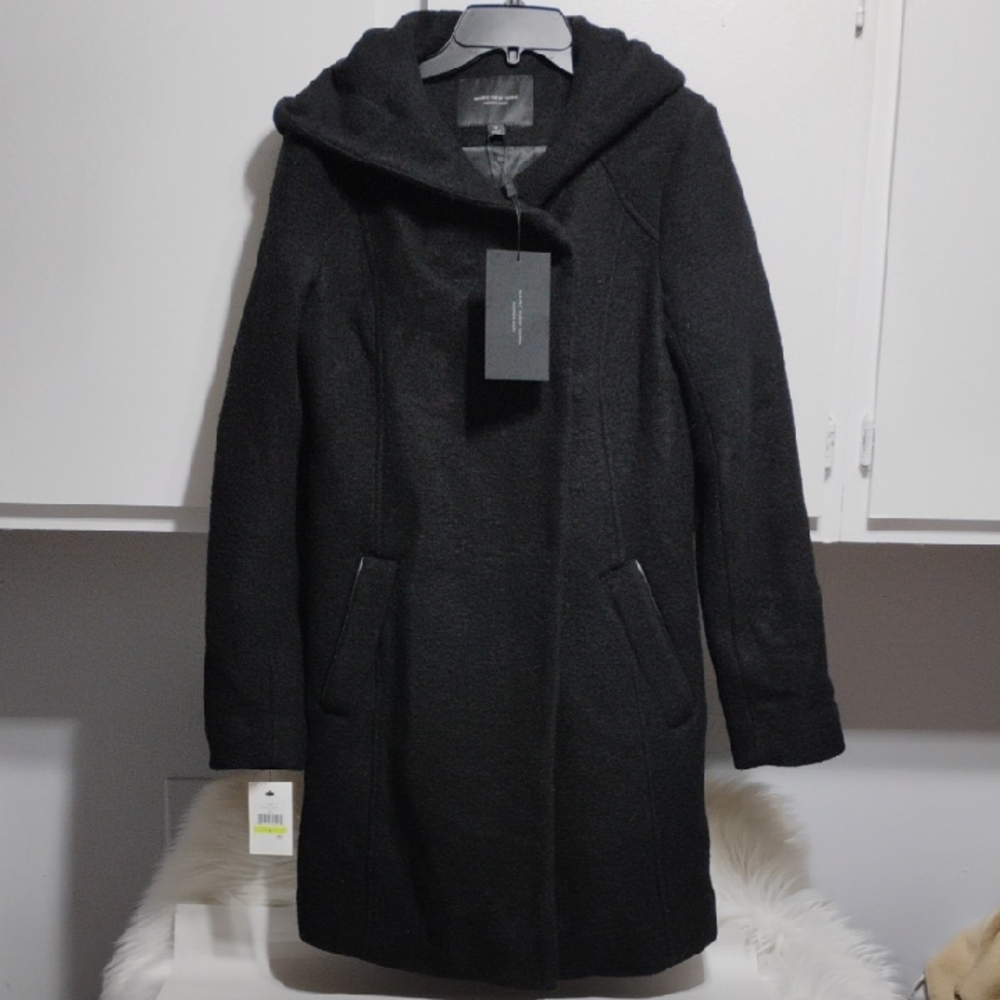 (A-71) SALE! NWT Marc New York Black Hooded Flair Wool Blend Coat